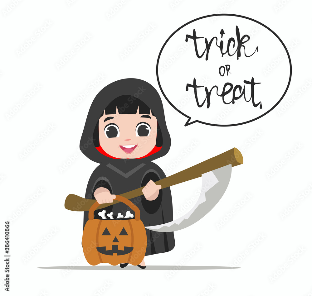 Obraz premium Cute girl Halloween Character in grim reaper costume