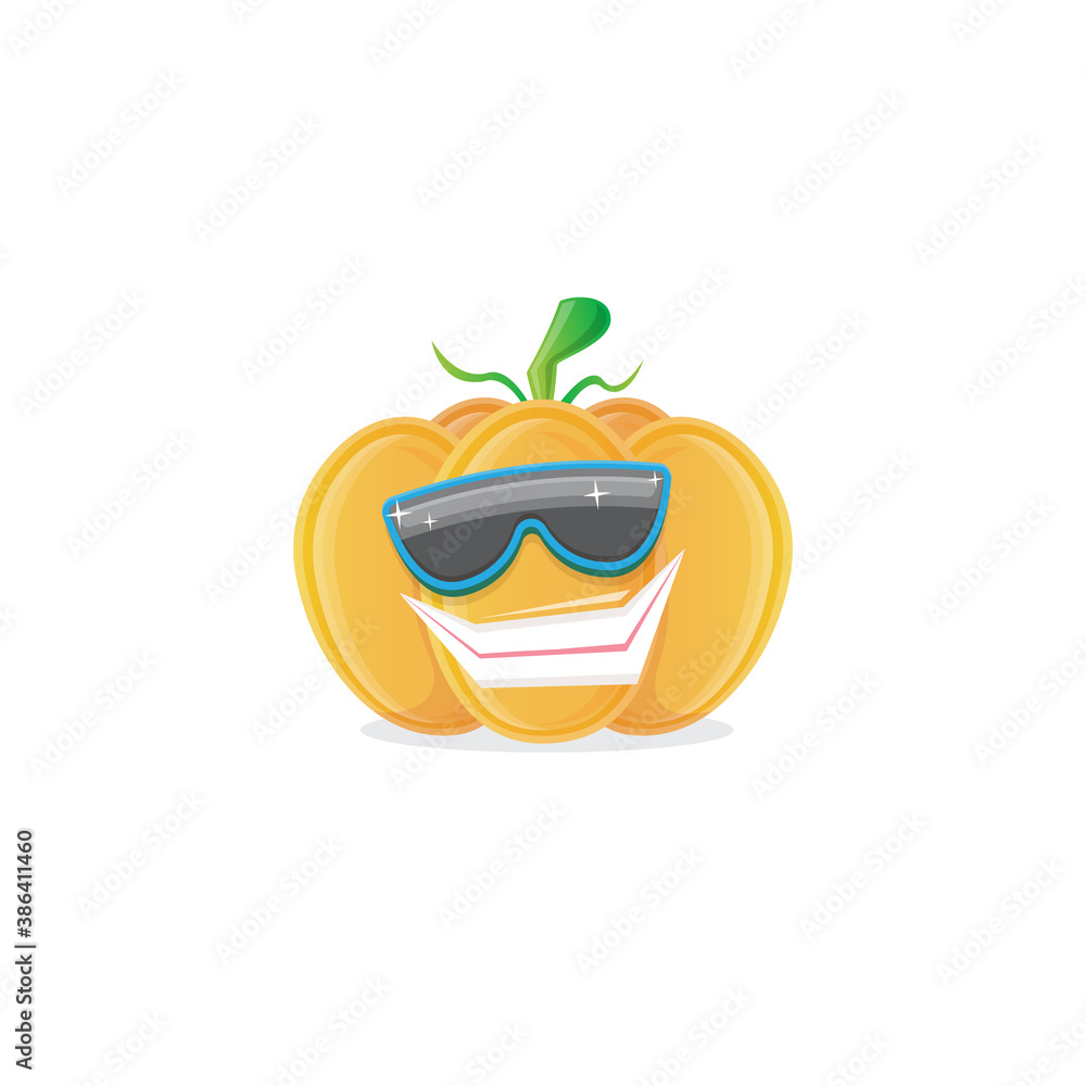 vector funny cartoon pumpkin character with sunglasses isolated on white background. funky smiling autumn vegetable character. Halloween cartoon smiling pumpkin vector funny cartoon pumpkin character with sunglasses isolated on white background. funky smiling autumn vegetable character. Halloween cartoon smiling pumpkin