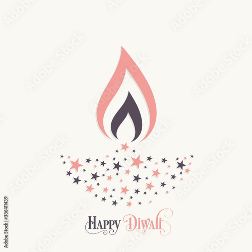 Happy Diwali greeting card with intricate calligraphy and illuminated Diwali lamp.