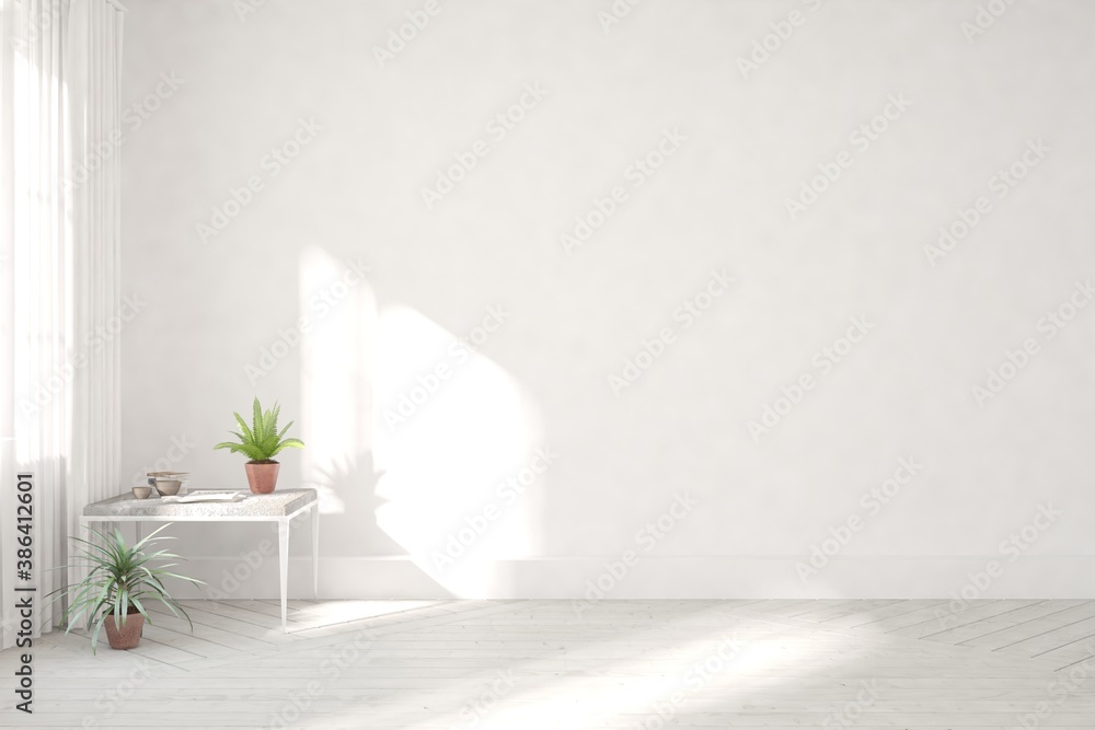 Fototapeta premium White empty room with table and green home plant. Scandinavian interior design. 3D illustration