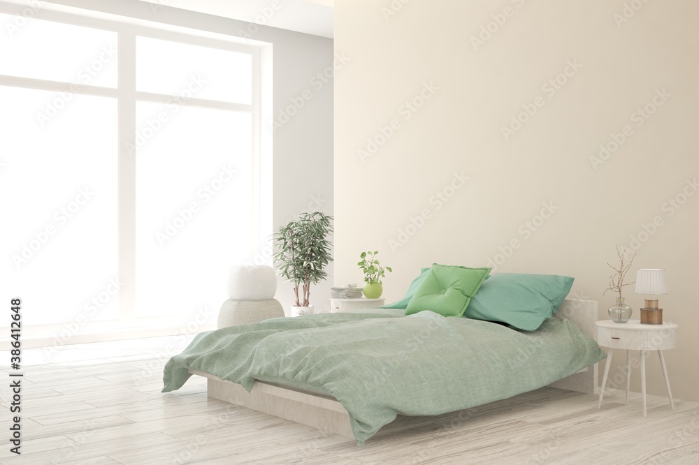 White bedroom interior. Scandinavian design. 3D illustration White bedroom interior. Scandinavian design. 3D illustration