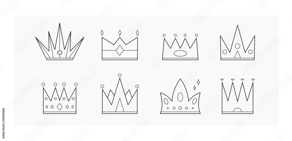 Various Outline Crowns. Minimalistic Icons. Elegant thin line simple geometric design. Trendy Vector illustration. Royal, luxury concept. All elements are isolated. Logo templates