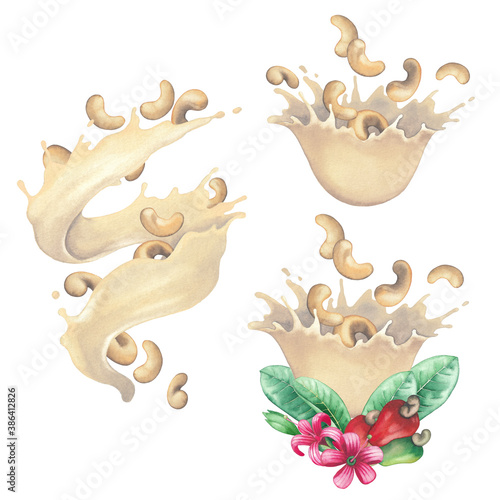 Watercolor splashes of plant based milk with cashew nuts  flowers  fruits and leaves.