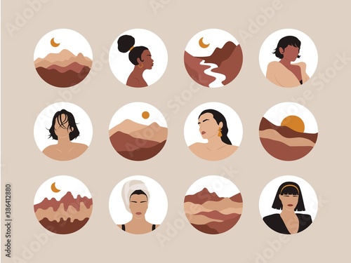 Female shapes and landscapes set. Abstract fashion silhouettes, woman portraits for social media. Vector contemporary art illustration