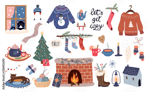 Cozy winter elements collection, hygge style, vector design
