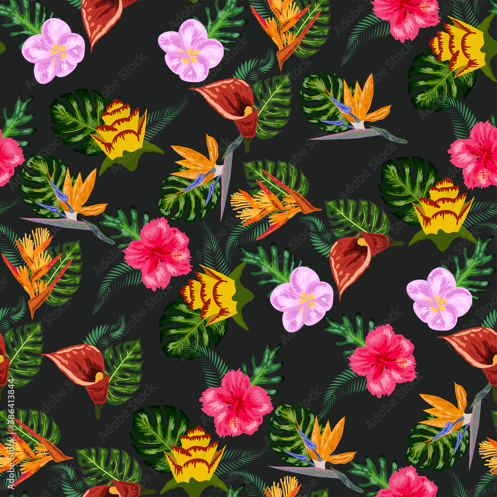 Seamless tropical pattern with palm, monstera leaves and many flowers of hibiscus, sterlitz, tropical Seamless tropical pattern with palm, monstera leaves and many flowers of hibiscus, sterlitz, tropical