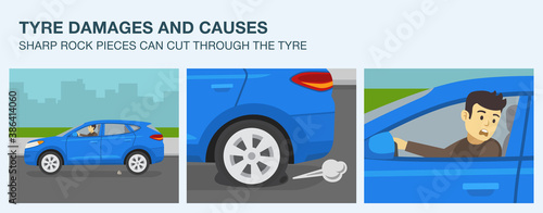 Tyre damages and causes infographic. Sharp rock pieces can cut through the tyre. Blue suv car and punctured tyre. Flat vector illustration template.