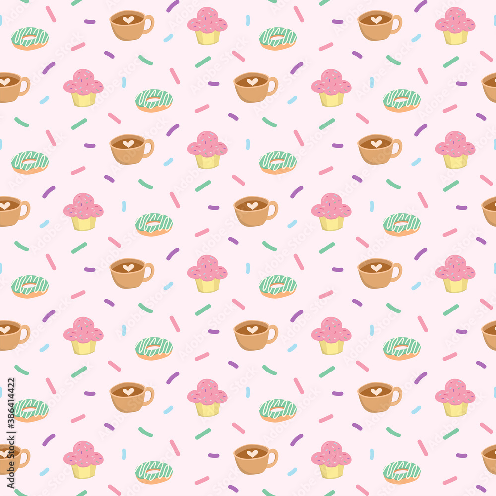 Seamless pattern vector design of coffee and cake