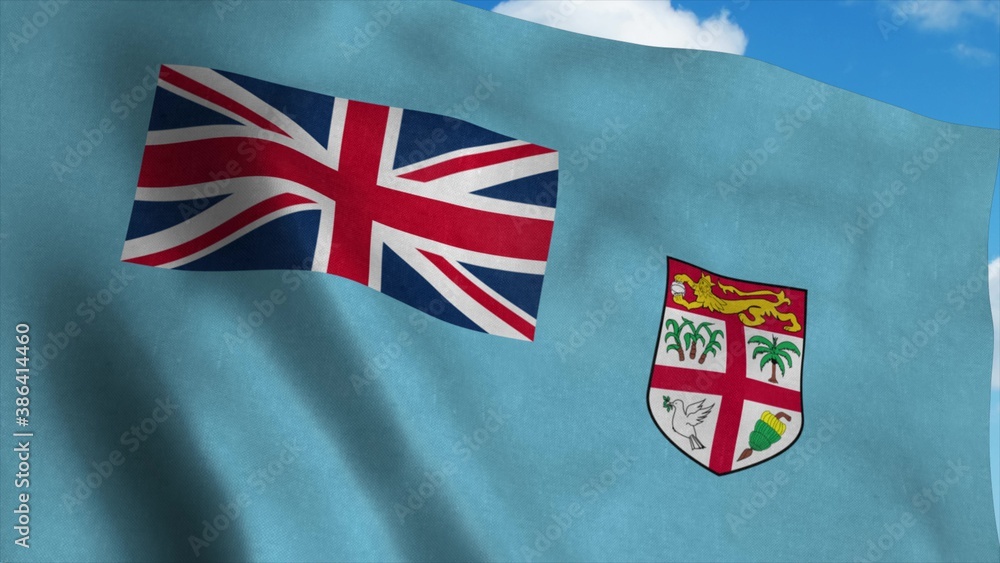 Fototapeta premium Fiji flag waving in the wind, blue sky background. 3d rendering