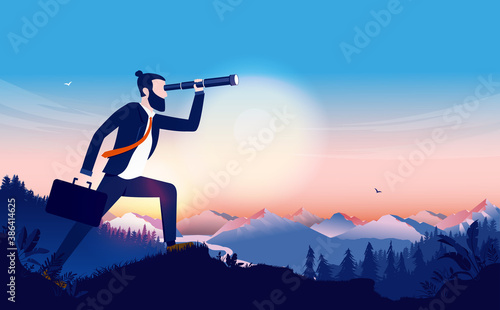 Man looking for career opportunities with binocular. Landscape and sunrise in background. Businessman vision concept. Vector illustration. photo