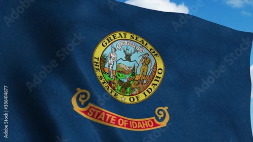 Idaho flag waving in the wind, blue sky background. 3d rendering