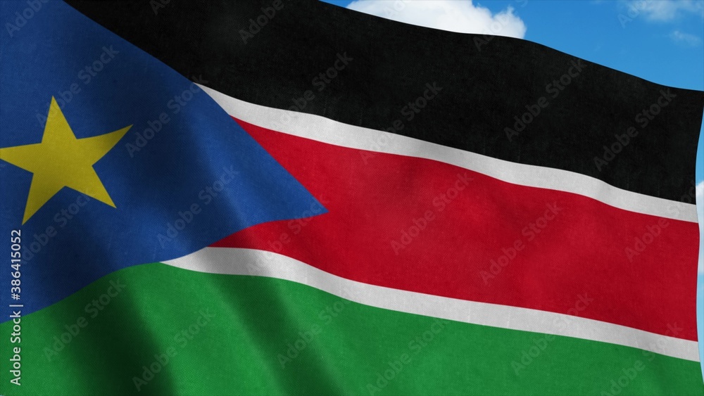 South Sudan flag waving in the wind, blue sky background. 3d rendering South Sudan flag waving in the wind, blue sky background. 3d rendering