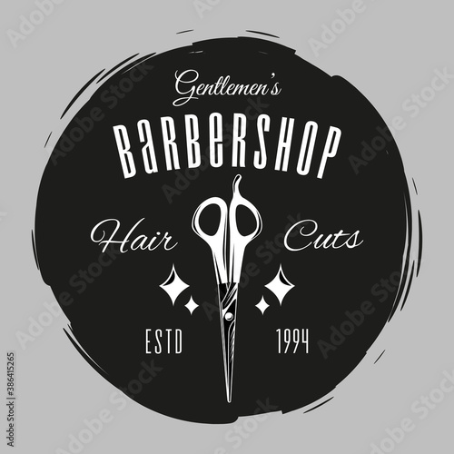 White barber scissors, rhombic patterns, ESTD 1994, lettering Gentlemen s Barbershop, Hair cutting in black circle. Vintage logo on grey. Shaving or haircutting tools. Flat vector illustration