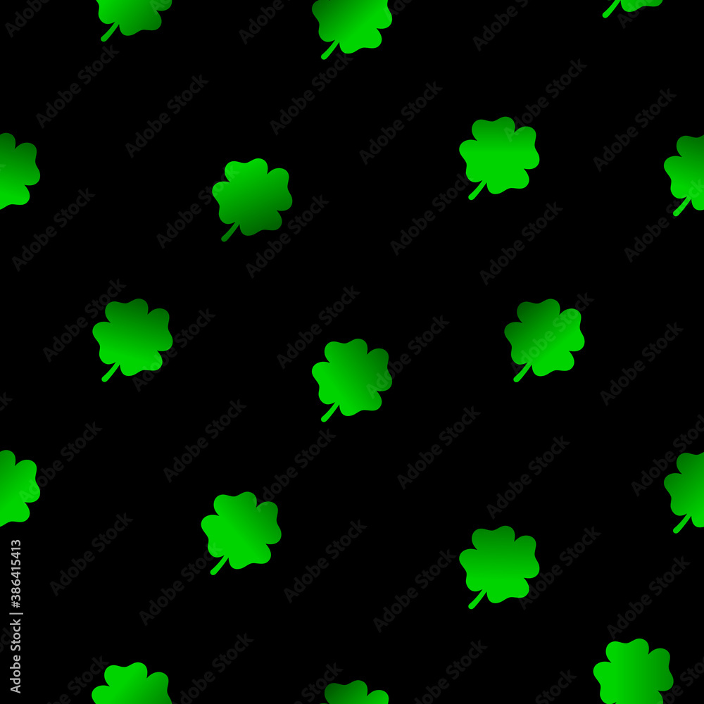Seamless floral pattern. Four leaves green gradient Clovers on black background. Symbol of good luck, success, money, St. Patrick's Day. Vector illustration for traditional Irish holiday, wallpaper Seamless floral pattern. Four leaves green gradient Clovers on black background. Symbol of good luck, success, money, St. Patrick's Day. Vector illustration for traditional Irish holiday, wallpaper