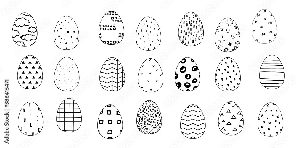 Set of Easter eggs with Scandinavian geometric ornament. Black Outline painted eggs isolated on white background. Cute hand drawn Happy Easter vector illustration. Spring Holiday Symbols Collection Set of Easter eggs with Scandinavian geometric ornament. Black Outline painted eggs isolated on white background. Cute hand drawn Happy Easter vector illustration. Spring Holiday Symbols Collection