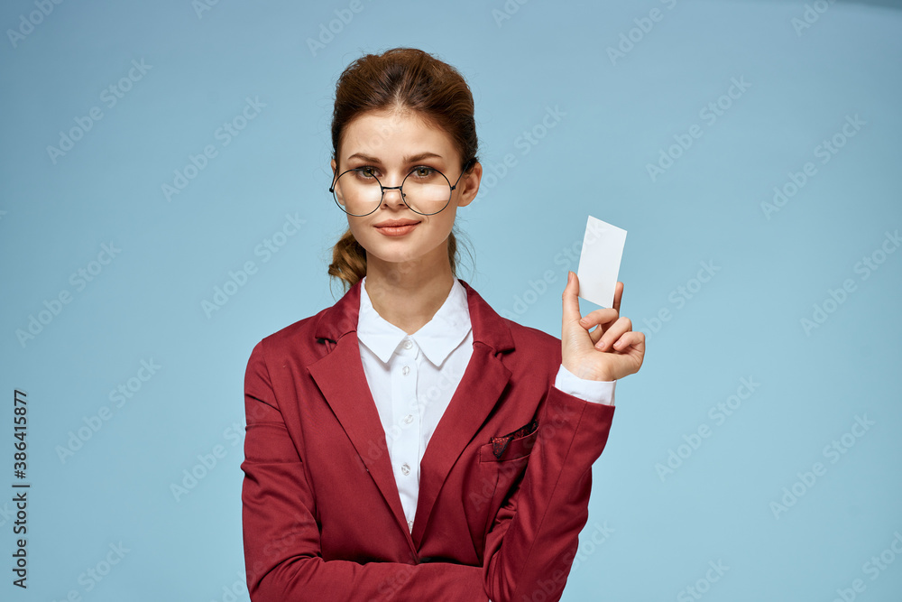 Business woman red jacket business card glasses executive blue background Business woman red jacket business card glasses executive blue background