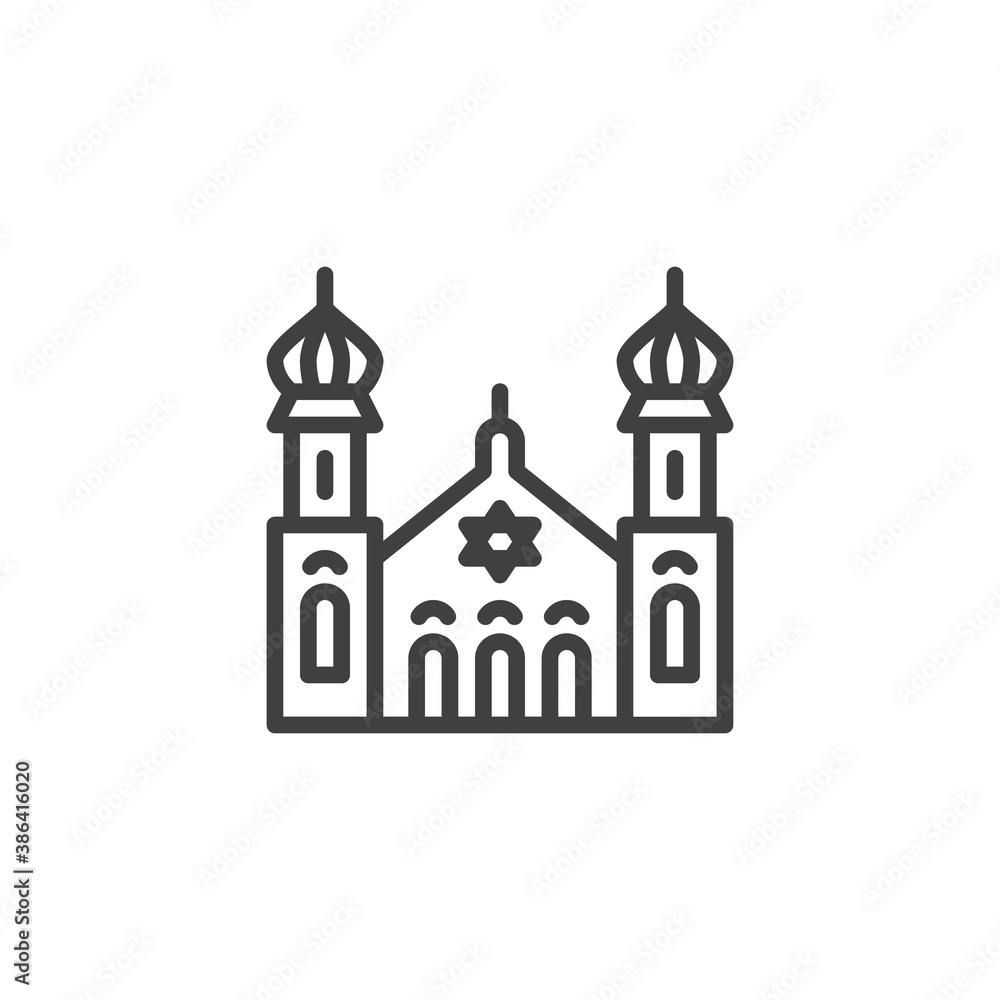 Synagogue building line icon. linear style sign for mobile concept and web design. Jewish synagogue with David star outline vector icon. Symbol, logo illustration. Vector graphics