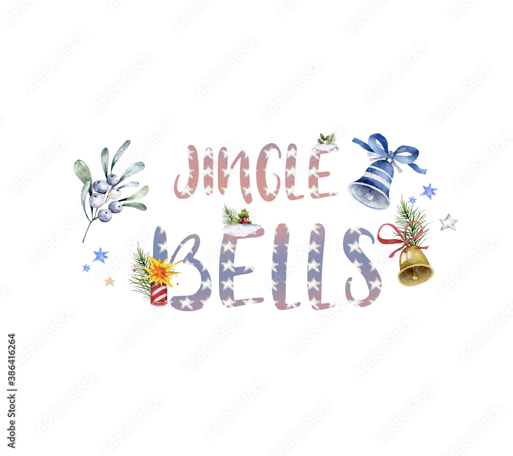 Jingle bells sign icon decorated with shiny golden bell and green leaves with red berries. Hand drawn watercolor illustration with Christmas symbol isolated on white