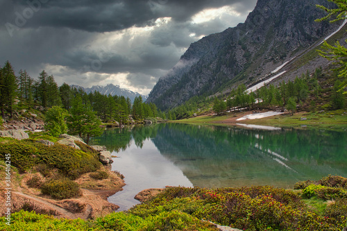 Fototapeta Naklejka Na Ścianę i Meble -  Lake Arpy 2066m. Alps, Italy. Aosta Valley Region. HDR.