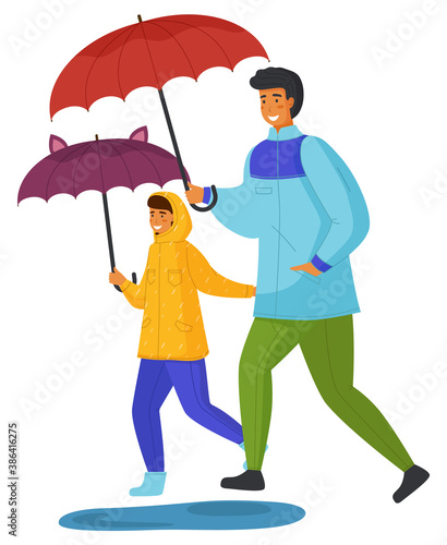 Dad in blue jacket or windbreaker, green pants, red umbrella walking with his daughter in yellow raincoat, rubber boots, funny eared umbrella. Autumn and summer rain, puddles. Flat vector image