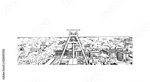 Building view with landmark of Bochum is a city in western Germany. Hand drawn sketch illustration in vector.