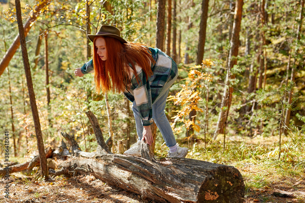 redhead caucasian traveller woman steps over a log in the forest, young female is hiking alone, wearing checkered coat, jeans and hat