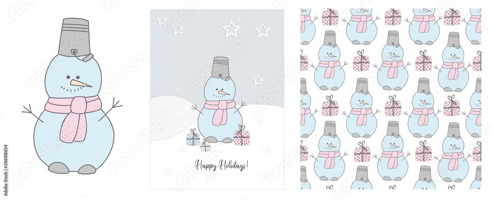 Fototapeta premium Cute snowman in a scarf illustration. Winter hand drawn cards and seamless pattern. snow. 2021. Happy holidays. Christmas and New Year..