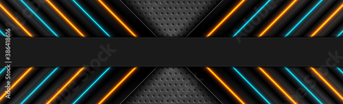 Futuristic perforated technology abstract background with cyan orange neon glowing arrows. Vector concept banner design