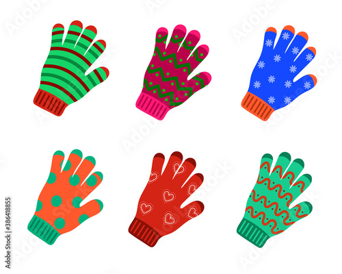 Set of colorful knitted winter gloves. Vector flat illustration