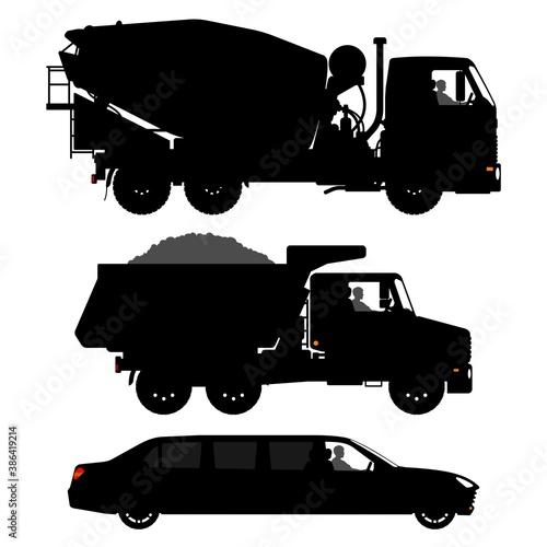 Set of different transport silhouettes.
Black truck silhouette isolated on white background. Limousine Silhouette Images. Vector illustration.