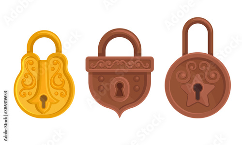 Golden and Copper Padlock with Keyhole as Security Mechanism Vector Set