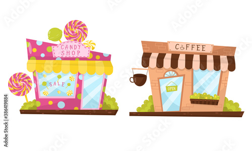 Shop Window or Store Front with Candy Shop and Coffee Sign Vector Set