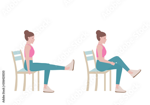 Exercises that can be done using a sturdy chair. Woman doing exercises. Step by step instruction for doing  Yoga Leg Sequence. Fitness and health concepts.