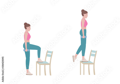 Exercises that can be done at-home using a sturdy chair.
Grab a dumbbell. with Stepping on the chair and standing. Isolated vector illustration in cartoon style.