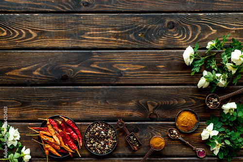 Layout of mixed hot spices and herbs  top view