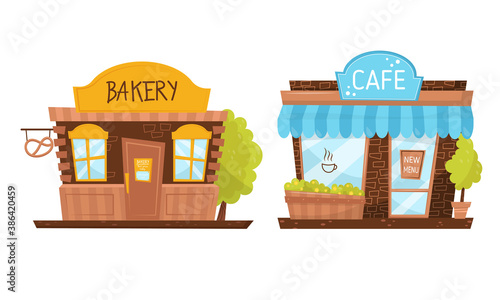 Fototapeta Naklejka Na Ścianę i Meble -  Shop Window or Store Front with Bakery and Cafe Vector Set