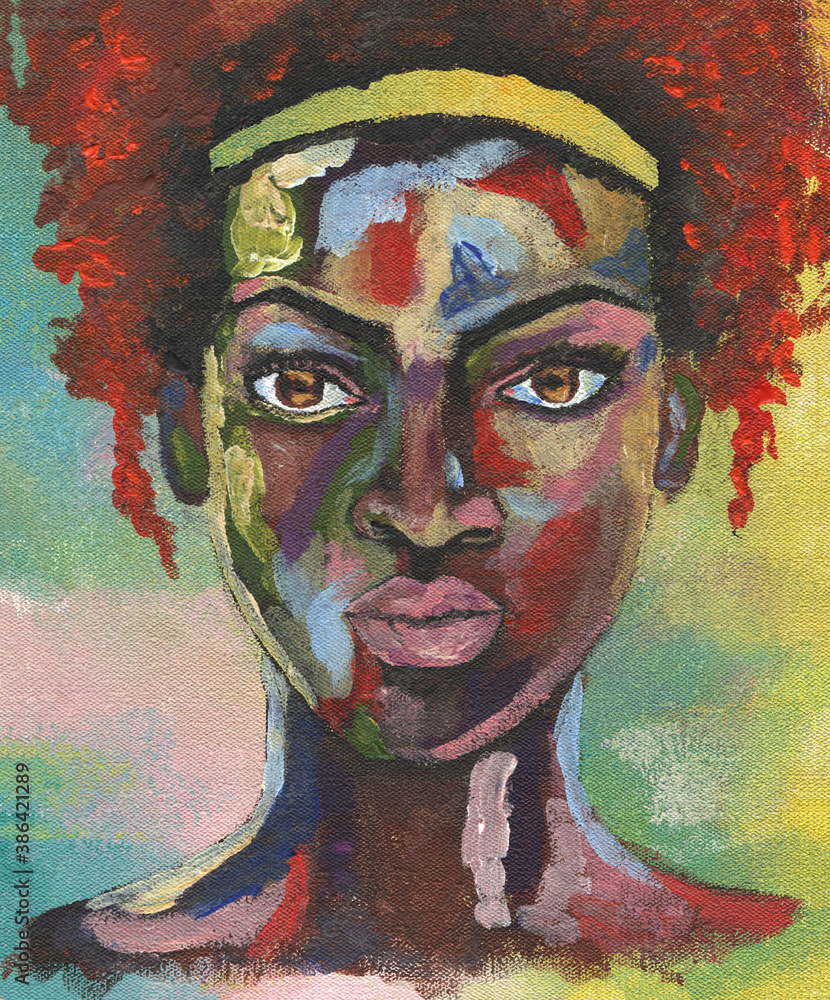 Pop art african woman portrait with curly hair hand drawn modern style acrylic on canvas. The illustration made without a model or any references