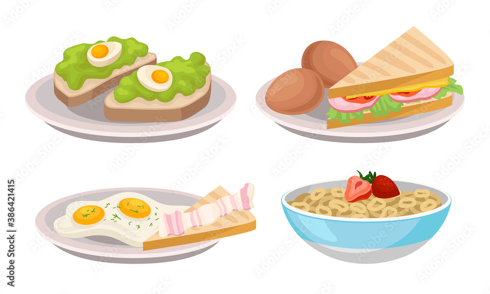 Breakfast with Sandwich, Cereals in Bowl and Scrambled Egg Vector Set Breakfast with Sandwich, Cereals in Bowl and Scrambled Egg Vector Set