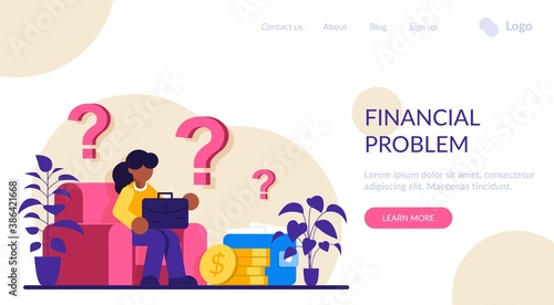 Sad woman concerned about financial problem. Money need and unpaid loan debts. Character, question mark, wallet with cash. Modern flat illustration.