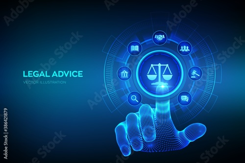Labor law, Lawyer, Attorney at law, Legal advice concept on virtual screen. Internet law and cyberlaw as digital legal services or online lawyer advice. Hand touching digital interface. Vector. EPS10.