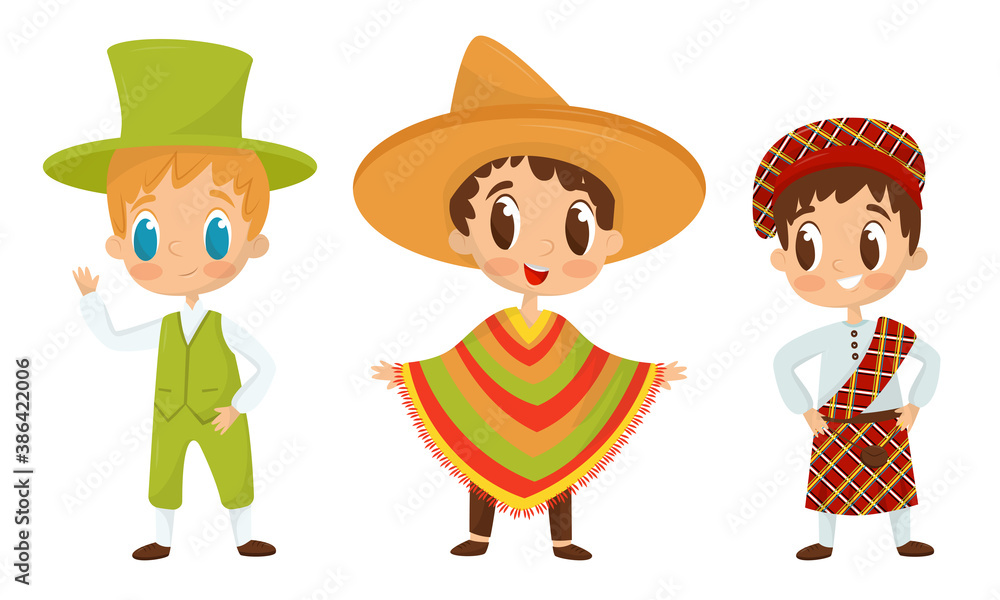 Smiling Boys Wearing Costumes of Different Countries Vector Set Smiling Boys Wearing Costumes of Different Countries Vector Set
