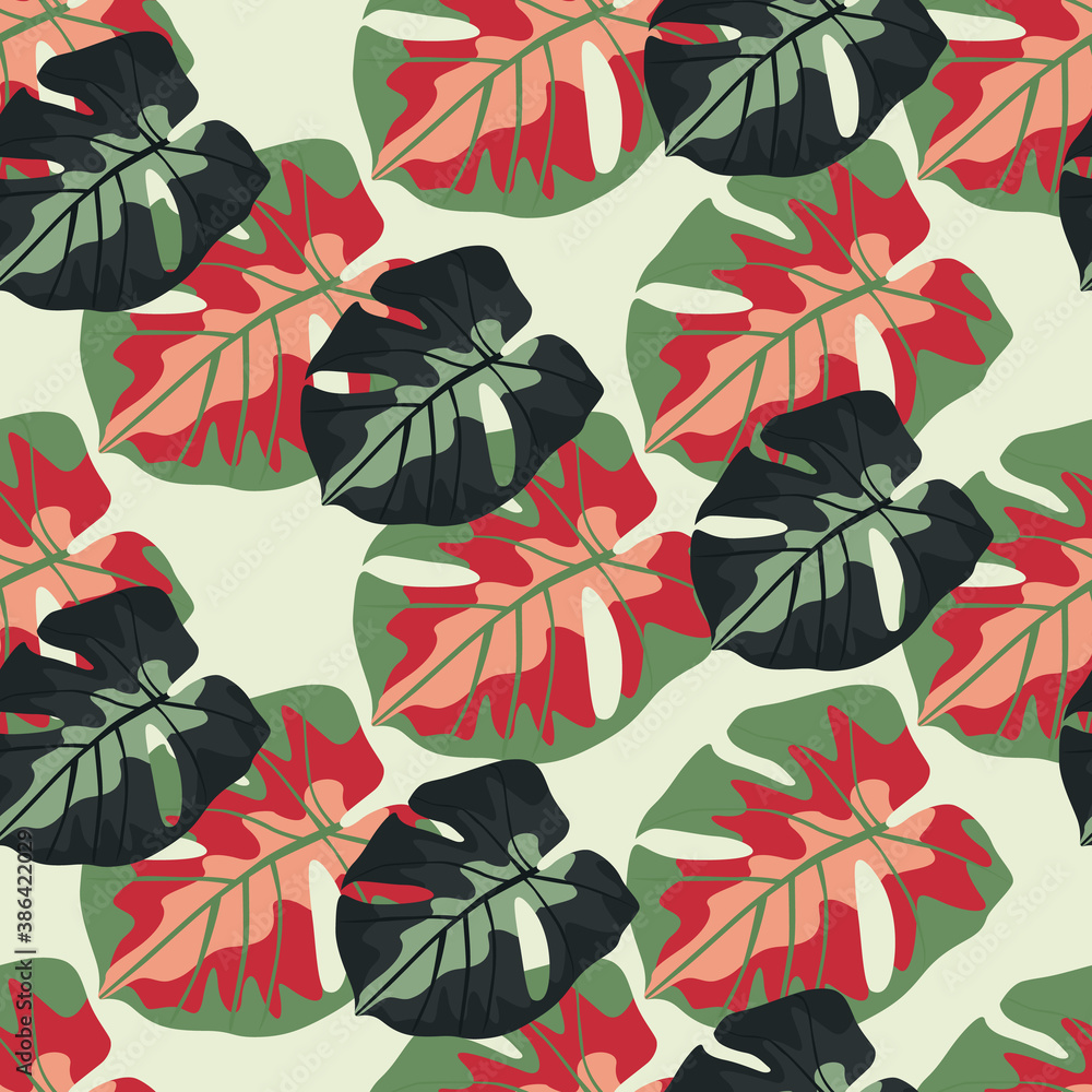 Colorful seamless pattern with dark green and red colored monstera ornament. Isolated print with white background.
