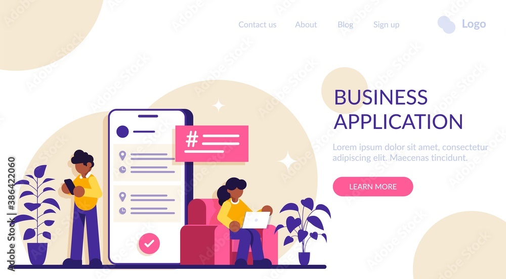 Business applications. Mobile app to manage business processes. Man and woman use mobile devices. Modern flat illustration. Business applications. Mobile app to manage business processes. Man and woman use mobile devices. Modern flat illustration.