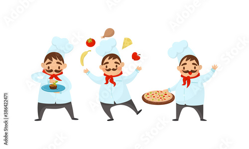 Man Chef with Moustache Juggling with Foodstuff and Decorating Dessert Vector Illustration Set