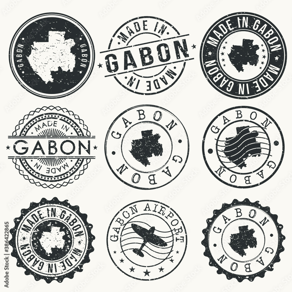 Gabon Set of Stamps. Travel Stamp. Made In Product. Design Seals Old Style Insignia.