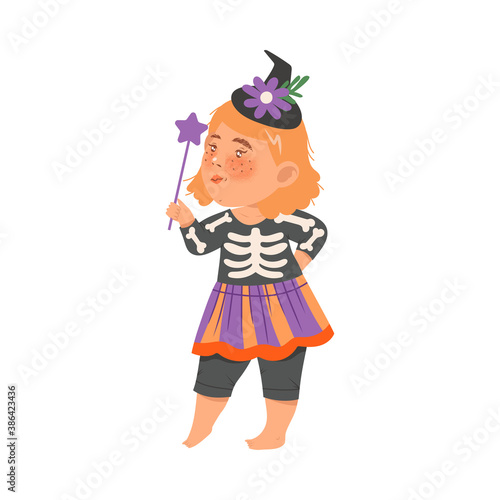 Cute Girl in Witch Halloween Costume, Little Child Dressed as Skeleton, Happy Halloween Party Festival with Kid Trick or Treating Cartoon Vector Illustration