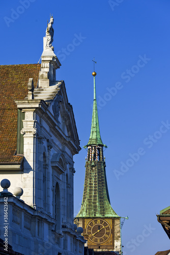 clock tower and pediment of the Jesuit church in Solothurn, Switzerland
