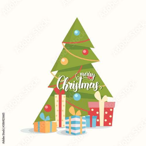 Decorated X mas tree with gift boxes isolated on white. Flat style illustration. Happy New Year and merry  Christmas. Hand made Lettering