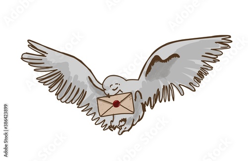Owl postman. White owl with letter.Magic bird. Isolated on white