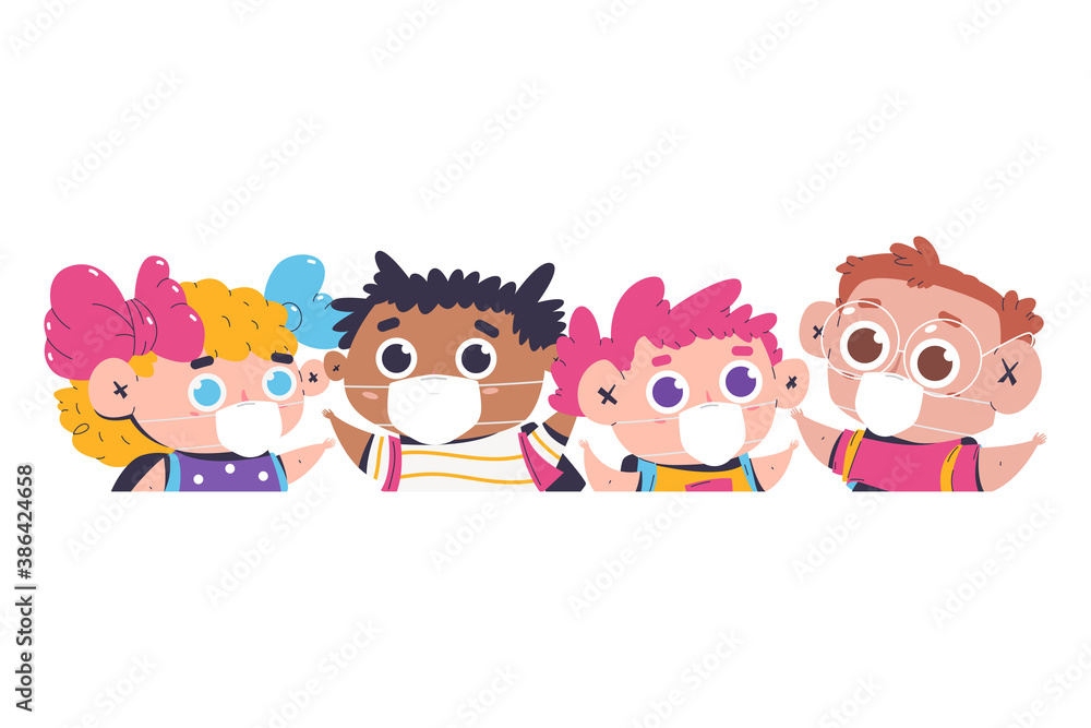 School children in face mask vector cartoon illustration isolated on a white background. School children in face mask vector cartoon illustration isolated on a white background.